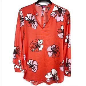 Vince Camuto Blouse Floral Top Long Sleeve Coral Orange Flowy Shirt Small